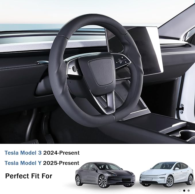 Steering Wheel Cover for Tesla Model 3 2024-Present Highland/Tesla Model Y Juniper 2025-Present, Leather Steering Wheel Cover for Tesla Model 3 Highland/Y Juniper Accessories, Black