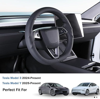 Steering Wheel Cover for Tesla Model 3 2024-Present Highland/Tesla Model Y Juniper 2025-Present, Leather Steering Wheel Cover for Tesla Model 3 Highland/Y Juniper Accessories, Black
