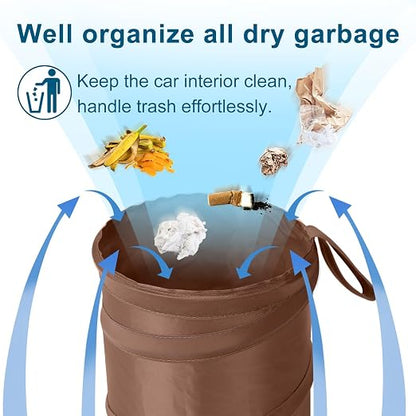 Car Trash Can, 2 Packs Mini Car Garbage Can, Collapsible Trash Bin | Pop-Up Trash Can for Car Front Back Seat, Portable Car Trash Bag Hanging for Vehicle SUV Rv Truck Accessories Interior, Brown