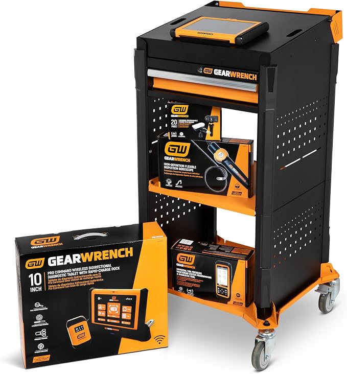 GEARWRENCH 5 pc. Automotive Diagnostic Set with Cart – 10" Bidirectional Diagnostic Tablet, TPMS Programming Tool & 20 Rubber Valve Sensors, HD USB-C Endoscope Camera, Mobile Work Cart | GWSMARTMOD