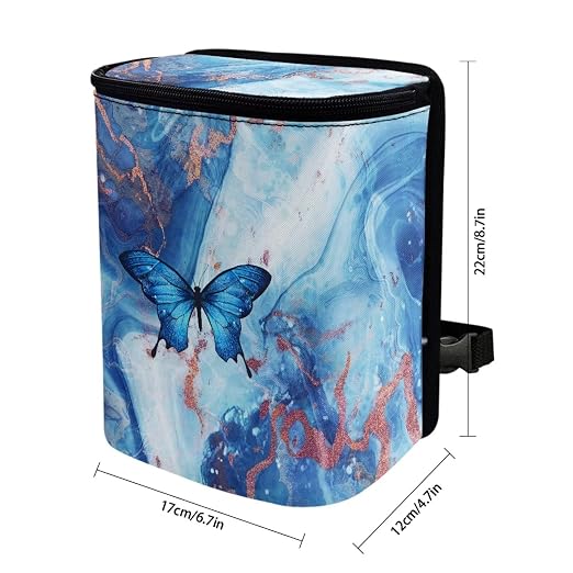 Blue Butterfly Marble Print Trash Can for Car Leakproof Garbage with Lid and Zipper Trash Bin Hanging Back of Seat Auto Interior Accessories Universal Fit Most Truck SUV Van