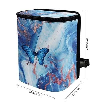 Blue Butterfly Marble Print Trash Can for Car Leakproof Garbage with Lid and Zipper Trash Bin Hanging Back of Seat Auto Interior Accessories Universal Fit Most Truck SUV Van
