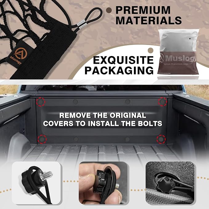 Muslogy Truck Bed Cargo Net Trunk Netting Compatible with Rivian R1T 2026 2025 2024 2023 2022 Accessories, Pickup Cargo Organizer SUV Sedan Storage Net w/Heavy Duty Carabiners