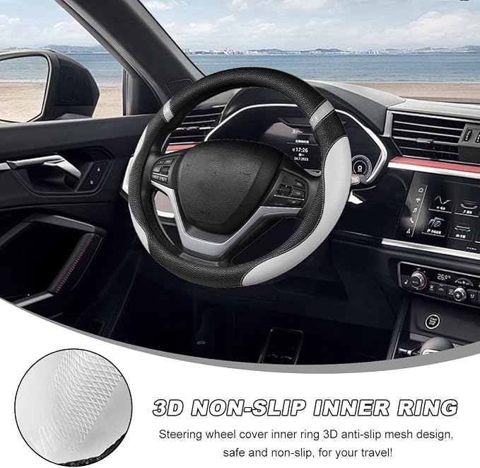 Car Steering Wheel Cover, 15 Inch Premium Leather Breathable Non-Slip Wheels Wrap, Universal Auto Comfortable Steering Wheel Protector for SUV Truck Van, Car Accessories (Gray)