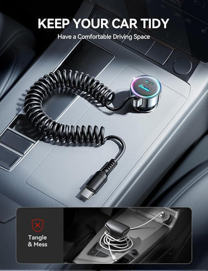 72W Car Charger USB C for iPhone 17/16, 36W Super Fast Charging Type C Coiled Cable for iPhone 17/16 Pro Max Plus/Samsung S25/S24/S23/Pixel 10 Car Phone Charger Adapter for Pixel/Android, iPad Pro