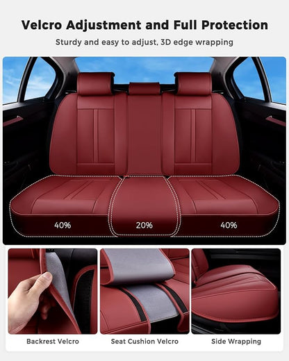 Huidasource Rear Car Seat Cover Luxury Nappa Leather, Rear Seat Cover with Velcro Adjustable, Ventilation Holes, Child Seats, Back Seat Covers for Cars Universal Fit for Most Cars SUV Trucks, Red