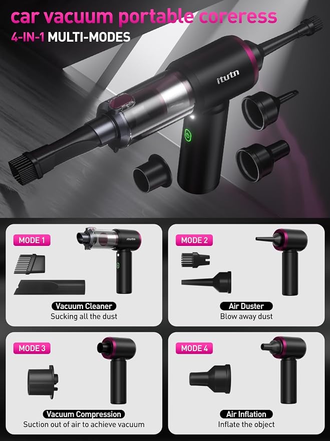 Mini Car Vacuum Portable Cordless with LED Light, 15000PA Powerful Suction, 80W High Power, One-Click Empty, Dual Hepa Filter, Y8plus Car Vacuum Cleaner & Air Duster for Home, Desk, PC, Keyboard