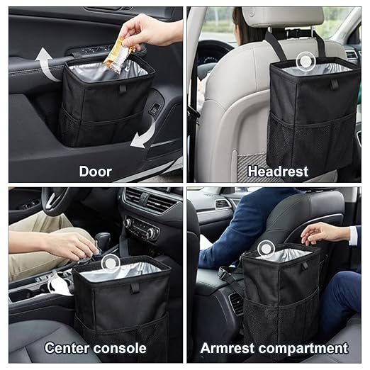 3.5 Gallon Leak-Proof Car Trash Can with Hook and Loop Lid and Handle, Waterproof Portable Hanging Auto Garbage Bag, Large Capacity Waste Bin for SUV, Truck, RV, Camping & Office (Black)