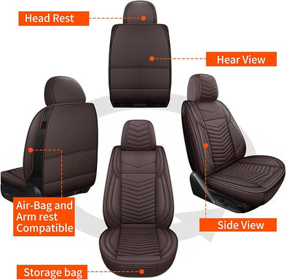 HChengkikz Nappa Leather Car Seat Covers Full Set, Brown Car seat Protector 5 Seats, Waterproof Car Seat Cushion, Universal Automotive Seat Covers Fit for SUV Truck Pick-up Sedan, Front and Rear