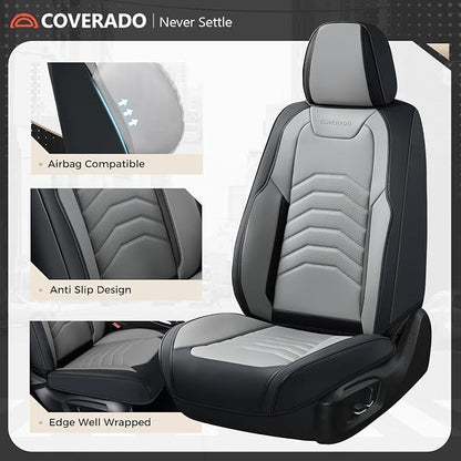 Coverado Front Seat Covers, Leather Car Seat Covers Luxury Automotive Seat Covers for Cars, Waterproof Car Seat Protectors Car Seat Cushion Universal Fit for Most Cars Trucks SUV Vehicles, Black&Gray