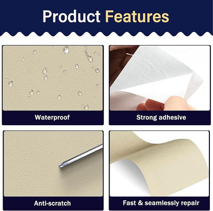 Zenyao Leather Repair Patch Tape - Self Adhesive Leather Repair Kit for Car Seat Furniture, Heavy Duty Vinyl Repair Patch for Couch Sofa, Waterproof Fix for Tears, 16x30 Inch Roll, Off White