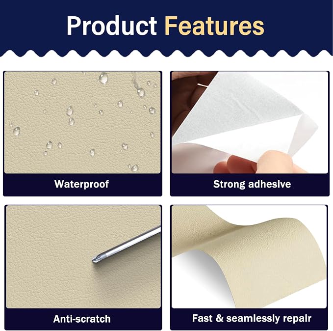 Zenyao Leather Repair Patch Tape - Self Adhesive Leather Repair Kit for Car Seat Furniture, Heavy Duty Vinyl Repair Patch for Couch Sofa, Waterproof Fix for Tears, 12x30 Inch Roll, Off White