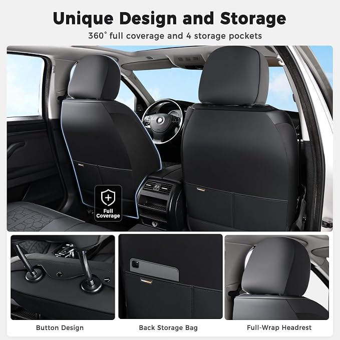 Huidasource Front Seat Covers Universal Fit for Most Cars SUV Trucks, 360° Full Wrap Leather Car Seat Cushion Covers, Pure Black