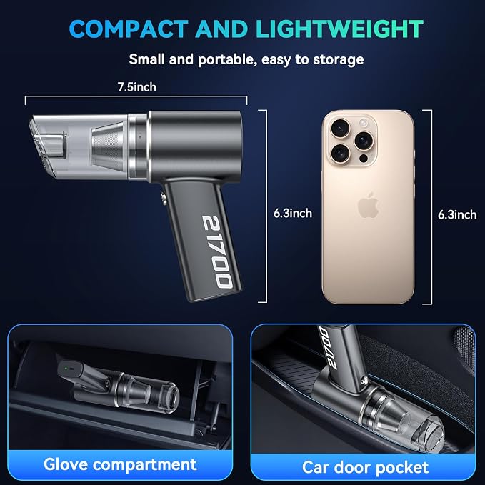 Car Vacuum Cordless Portable with Brushless Motor,16000PA Suction Power, 3-in-1 Compressed Air Duster & Air Blower & Pump Wireless Mini Handheld Cleaner for Home, Car, Pet, Office