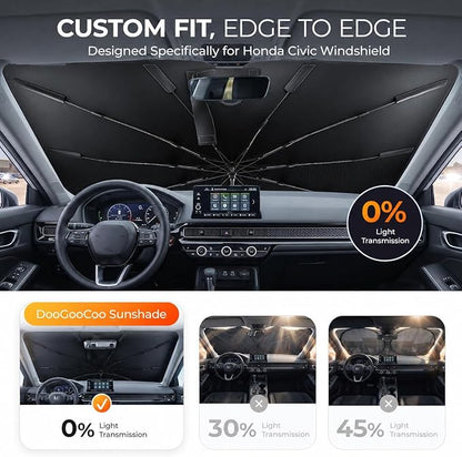[2026 Upgraded] DooGooCoo Windshield Sun Shade Umbrella for Honda Civic 2022-2025 2026 [100% Sunlight Blocked, Cooling Ice Crystal] Sunshade for Car Windshield for Civic Sun Shade, Custom Fit Civic.