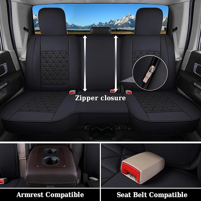 Coverado Ram Seat Covers Full Set, Waterproof Ram 1500 Seat Cover Compatible with 2002-2026 Dodge RAM 1500 2500 3500 Crew Quad Cab with Curved Bench, Black