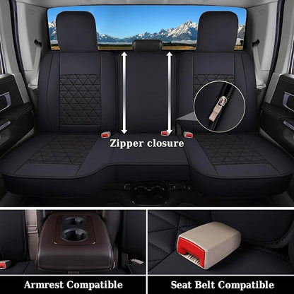 Coverado Ram Seat Covers Full Set, Waterproof Ram 1500 Seat Cover Compatible with 2002-2026 Dodge RAM 1500 2500 3500 Crew Quad Cab with Curved Bench, Black