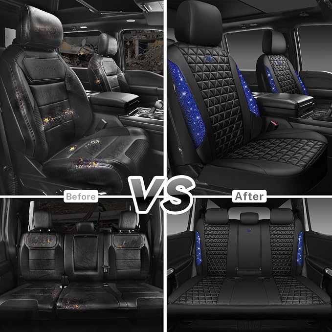 CAR PASS Bling Diamond Black Leather Car Seat Covers Full Set Interior Sets, Waterproof Shining Glitter Sparkly Crystal Universal Armrest Fit Automotive Truck SUV Cute Women Girl, Blue Rhinestone