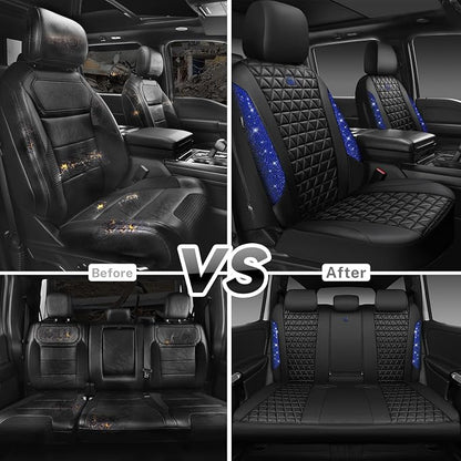 CAR PASS Bling Diamond Black Leather Car Seat Covers Full Set Interior Sets, Waterproof Shining Glitter Sparkly Crystal Universal Armrest Fit Automotive Truck SUV Cute Women Girl, Blue Rhinestone