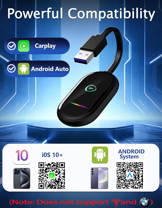 Wireless CarPlay & Android Auto Adapter – Fast & Stable Wireless Upgrade, Converts Wired CarPlay to Wireless, Plug & Play, No Delay, Compatible with iPhone 6+ & 800+ Cars (2016 & Newer)