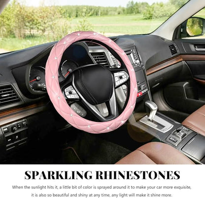 Bling Car Steering Wheel Cover, 15 Inch Diamond Leather Anti-Slip Auto Steering Wheel Protector, Cute Sparkly Rhinestones Wheels Cover Automotive Decoration for Women Girl (Pink)