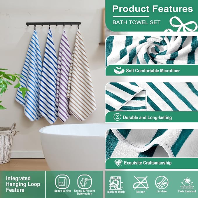 JML Microfiber Beach Towels, 6 Pack, 27" x 55", Large Bath Towel Set for Adult- Cabana Stripe - Absorbent, Quick Drying Lint-Free, No Fading for Summer Party, Pool, Sport, Yoga, Swimming, Dark Green