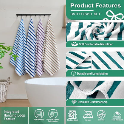 JML Microfiber Beach Towels, 6 Pack, 27" x 55", Large Bath Towel Set for Adult- Cabana Stripe - Absorbent, Quick Drying Lint-Free, No Fading for Summer Party, Pool, Sport, Yoga, Swimming, Dark Green