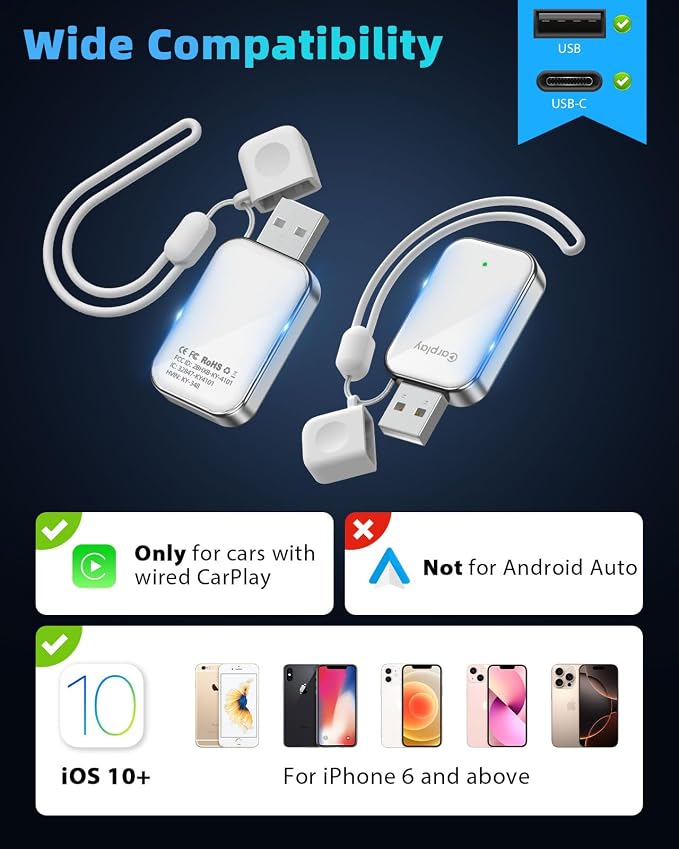 Wireless CarPlay Adapter for Apple iPhone - 2025 Wired Car Play to Wireless Dongle, USB-A/C Plug&Play, Stable Bluetooth CarPlay Adapter Only for iPhone iOS 10+ & Cars with Factory Wired Car Play,White