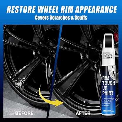 Gloss Black Rim Touch Up Paint, 2-in-1 Brush & Tip, 0.4 fl oz - Universal Black Rim Curb Rash Repair Kit for Scratches, Scuffs on Alloy/Metal Wheels, OEM Color Match, Quick-Dry & Long-Lasting