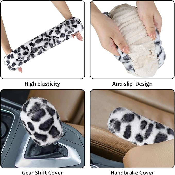Accmor Fuzzy Car Steering Wheel Cover, Universal Fit Fur Auto Wheel Cover & Handbrake Cover & Gear Shift Cover Set, Leopard Winter Warm Fluffy Vehicle Wheel Protector Car Accessories for Men Women