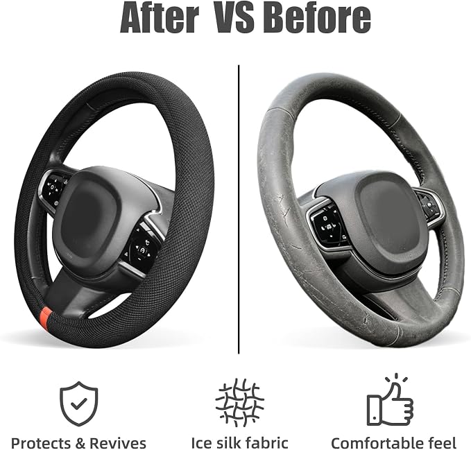 15" Universal Cooling Steering Wheel Cover, Microfiber Non-Slip Breathable Cooling Steering Wheel Protector with Silicone Inner Ring for Round/D Shape, Warm in Winter Cool in Summer, Black Orange