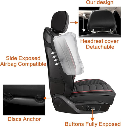 HAIYAOTIMES Leather Car Seat Covers Front Pair, Waterproof Faux Leather Seat Covers for Cars, Non-Slip Car Interior Covers Universal Fit for Most Cars Sedans Trucks SUVs, Black/Red