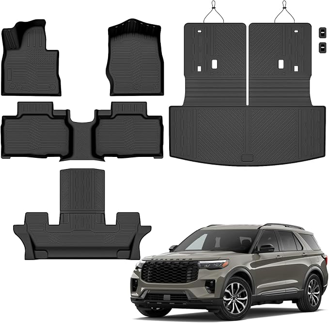 Auxko All Weather Floor Mats Cargo Mat with Backrest Mat for Ford Explorer 6&7 Seater 2020-2026 TPE Liners Accessories Guard Odorless Anti-Slip Floor & Trunk Liner with Back Seat Protectors