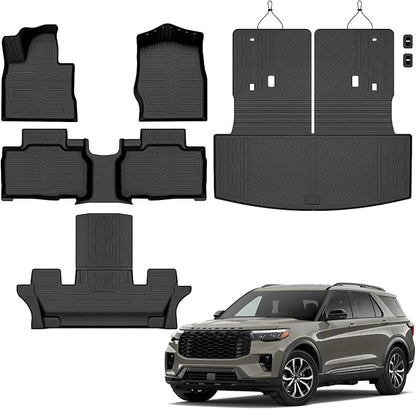 Auxko All Weather Floor Mats Cargo Mat with Backrest Mat for Ford Explorer 6&7 Seater 2020-2026 TPE Liners Accessories Guard Odorless Anti-Slip Floor & Trunk Liner with Back Seat Protectors