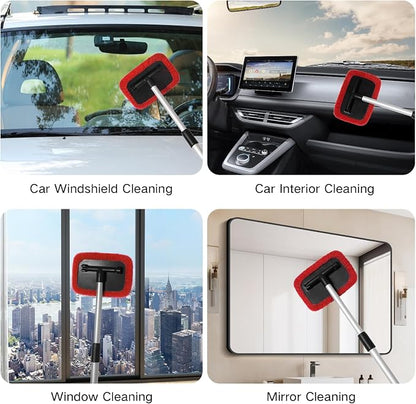 Qydipclin 11pcs Windshield Cleaner Tool, Car Window Cleaning Wash Kit with 6 Reusable Microfiber Pads 2 Spray Bottles and Extendable Handles Auto Glass Wiper Kit, Red
