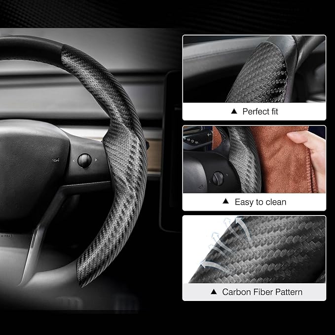 Canvcle Steering Wheel Cover for Tesla Model 3/Y 2016-2025 2026 Highland/Juniper Accessories Carbon Fiber Steering Wheel Cover Protector Non-Slip, Comfortable, Breathable, Model 3/Y Accessories, Black