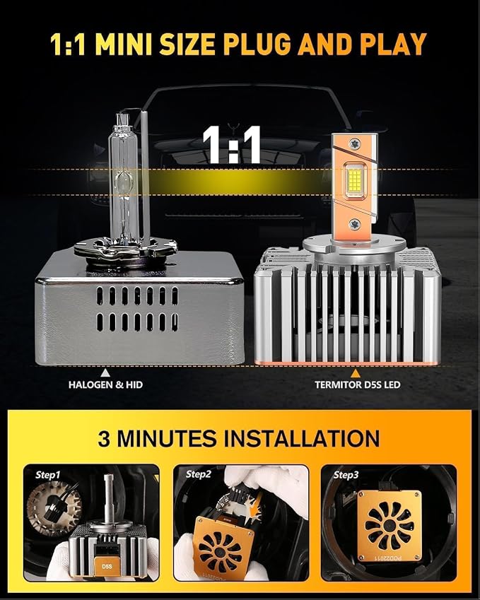 Termitor D5S Bulbs,80,000LM Super Bright 6500K Cool White, 1:1 Factory Size, 3 Min Install, Excellent Beam Pattern, IP68 Waterproof, 10 Year Life, 99% Fit, Pack of 2