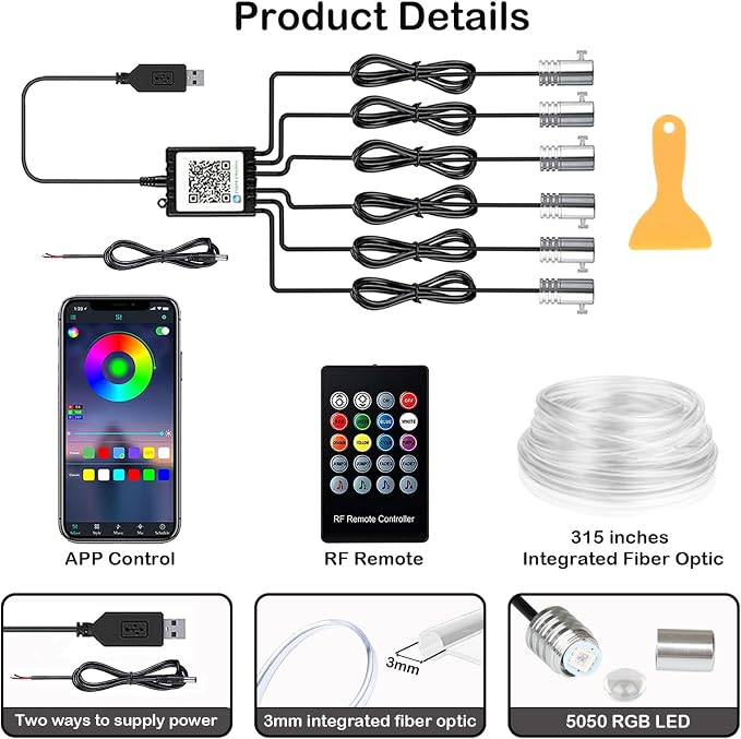 DEHERANE Interior Car LED Strip Lights, RGB 6 in 1 Ambient Lighting Kit with 315 inches Integrated Fiber Optic, 16 Million Colors Car Interior Lights with Wireless APP& Remote Control, Sync to Music