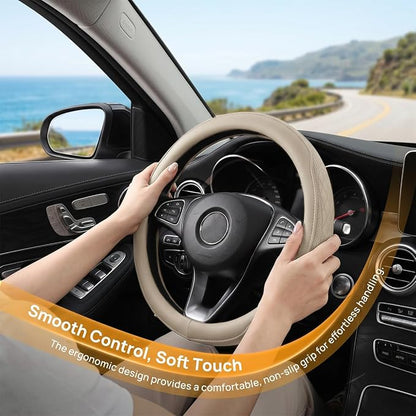 Zpana Car Steering Wheel Cover, 14.5-15" Breathable Soft Leather Vehicle Steering Wheel Protector with Anti-Slip Lining, Comfortable Auto Interior Decoration Accessories, Universal Fit (Beige)