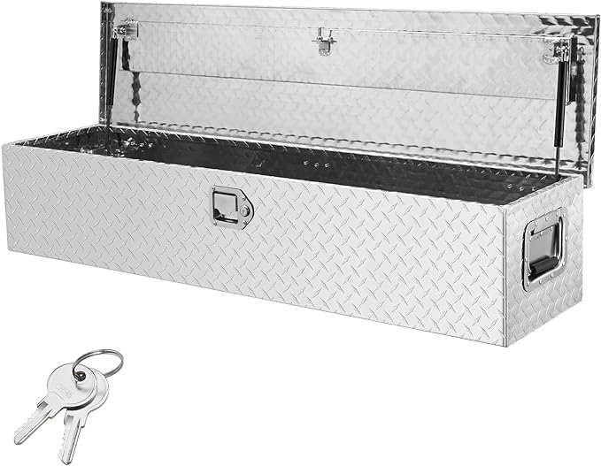 VEVOR Heavy Duty Aluminum Truck Bed Tool Box, Diamond Plate Tool Box with Side Handle and Lock Keys, Storage Tool Box Chest Box Organizer for Pickup, Truck Bed, RV, Trailer, 48"x15"x15", Silver
