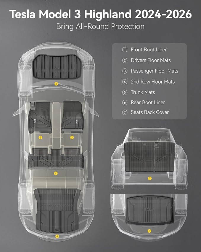 3W Tesla Model 3 Floor Mats 2026 2025 2024 with Metal Pedal, Full Set with Seatback Protector, Highland All Weather Custom Fit Rear Trunk Mat Accessories Black