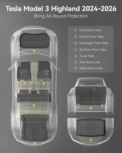 3W Tesla Model 3 Floor Mats 2026 2025 2024 with Metal Pedal, Full Set with Seatback Protector, Highland All Weather Custom Fit Rear Trunk Mat Accessories Black