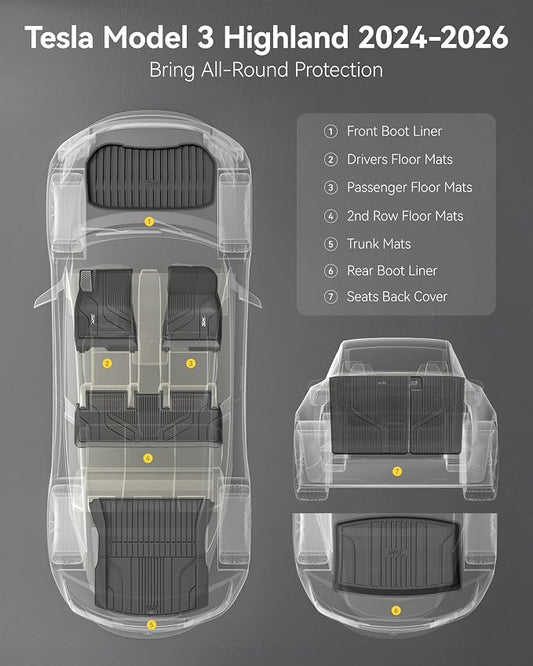 3W Tesla Model 3 Floor Mats 2026 2025 2024 with Metal Pedal, Full Set with Seatback Protector, Highland All Weather Custom Fit Rear Trunk Mat Accessories Black