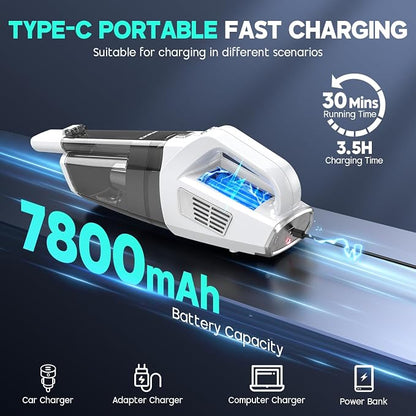CKIKH Handheld Vacuum Cordless, 15000PA Strong Suction Hand Held Car Vacuum Cleaner Portable with Multi-Nozzles & Washable Filter, Lightweight Rechargeable Vacuum Cleaner for Home, Car, Office, Pets