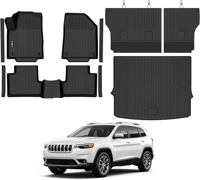 Floor Mats for Jeep Cherokee 2015-2018 (Only Fit Cargo in Upper Deck Position), Trunk Mat & Backrest Mat & Door Sill Guard All Weather TPE Protector for Jeep Cherokee Accessories