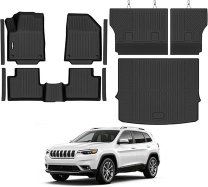 Floor Mats for Jeep Cherokee 2015-2018 (Only Fit Cargo in Upper Deck Position), Trunk Mat & Backrest Mat & Door Sill Guard All Weather TPE Protector for Jeep Cherokee Accessories