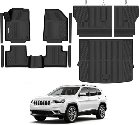 Floor Mats for Jeep Cherokee 2015-2018 (Only Fit Cargo in Upper Deck Position), Trunk Mat & Backrest Mat & Door Sill Guard All Weather TPE Protector for Jeep Cherokee Accessories