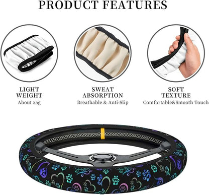 Paw Print Heart Print Steering Wheel Cover Anti-Slip,Sweat Absorption Universal 15 inch Steering Wheel Covers Cute car Accessories for Men Women