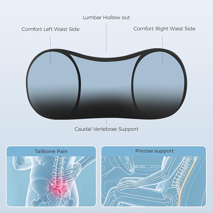 Lumbar Support Pillow - Back Pain Relief Cushion, Fits Tightly Around the Coccyx, Ergonomics Memory Foam, Skin-Friendly Fabric, Fit Car Drive, Office Chair, Rest Seat, Wheelchair (Black)