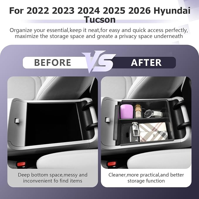 LUWU 2025 2026 Tucson Accessories for 2022-2025 2026 Hyundai Tucson Center Console Organizer Armrest Storage Box Armrest Console Organizer Insert Tray Black-trim(NOT FOR 2025 PHEV &Limited Model)